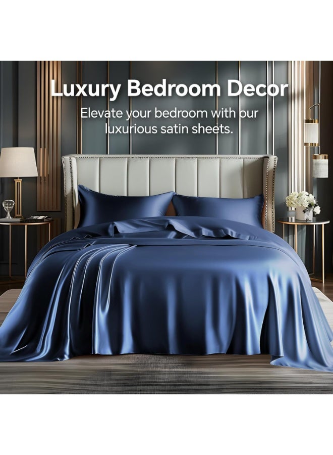 BEDELITE Satin Sheets Queen Size Bed Set, Luxury Soft Navy Silky Sheets for Hair and Skin, Similar to Silk Bed Sheets Set 4 Pieces （1 Deep Pocket Fitted Sheet, 1 Flat Sheet, and 2 Pillowcases） - Image 4