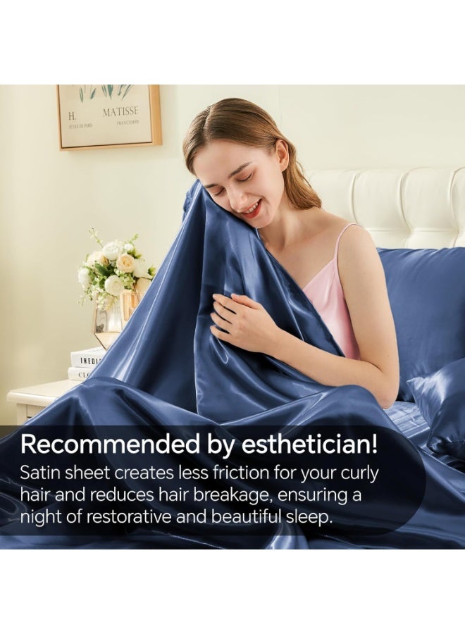 BEDELITE Satin Sheets Queen Size Bed Set, Luxury Soft Navy Silky Sheets for Hair and Skin, Similar to Silk Bed Sheets Set 4 Pieces （1 Deep Pocket Fitted Sheet, 1 Flat Sheet, and 2 Pillowcases） - Image 2