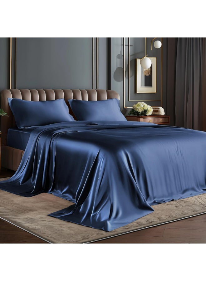 BEDELITE Satin Sheets Queen Size Bed Set, Luxury Soft Navy Silky Sheets for Hair and Skin, Similar to Silk Bed Sheets Set 4 Pieces （1 Deep Pocket Fitted Sheet, 1 Flat Sheet, and 2 Pillowcases） - Image 1