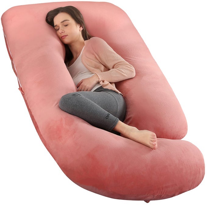 PREGNANCY PILLOW USHAPED FULL BODY MATERNITY SUPPORT PILLOW FOR PREGNANT WOMEN WITH REPLACEABLE AND WASHABLE VELVET COVER SIZE 60 VELVET PINK