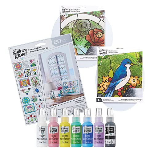 Gallery Glass مجموعة أدوات الرسم على الزجاج الملون Gallery Glass PROMOGGSTR22، 10 قطع تشمل 6 ألوان، زجاجة واحدة من السائل الرصاصي، 2 أسطح بلاستيكية وعبوة نمط تحتوي على 20 قالبًا - Image 1