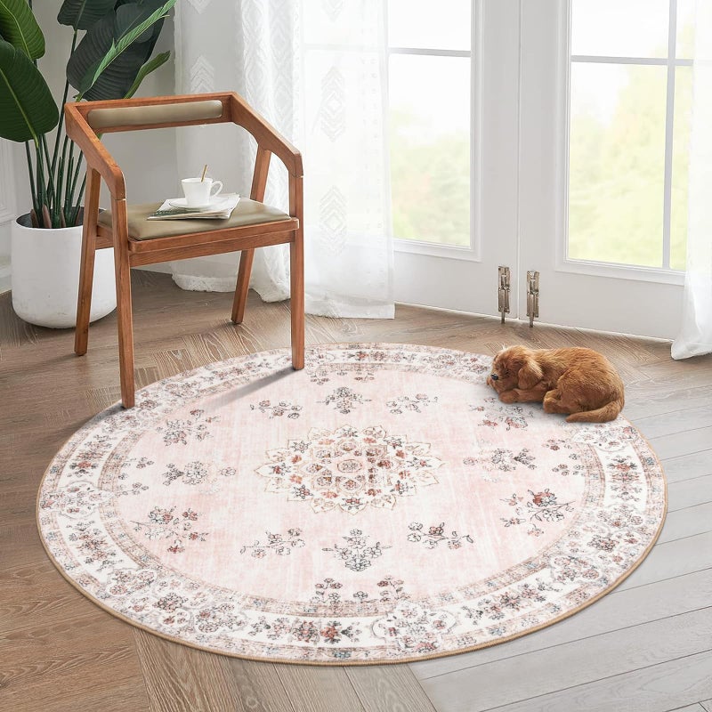 Lahome Washable Pink Round Rug 4ft Soft Boho 4x4 Circle Rug for Nursery Girls Bedroom Small Floral Pastel Circular Carpet for Living Room Indoor Floor Home Office Decor