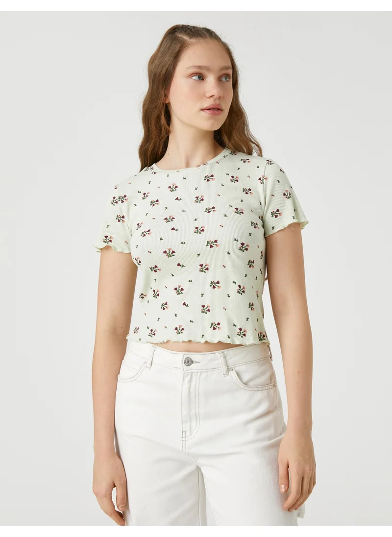 KOTON Crop T-Shirt Short Sleeve Floral Printed Crew Neck