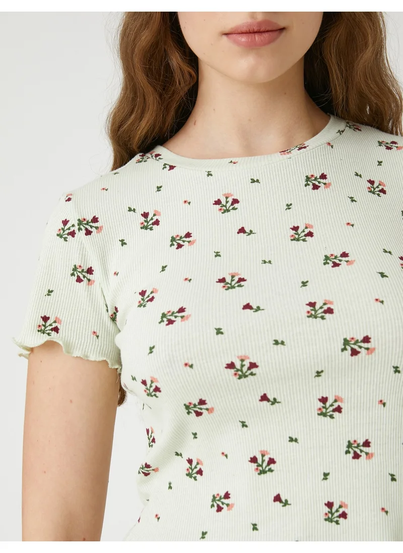 KOTON Crop T-Shirt Short Sleeve Floral Printed Crew Neck
