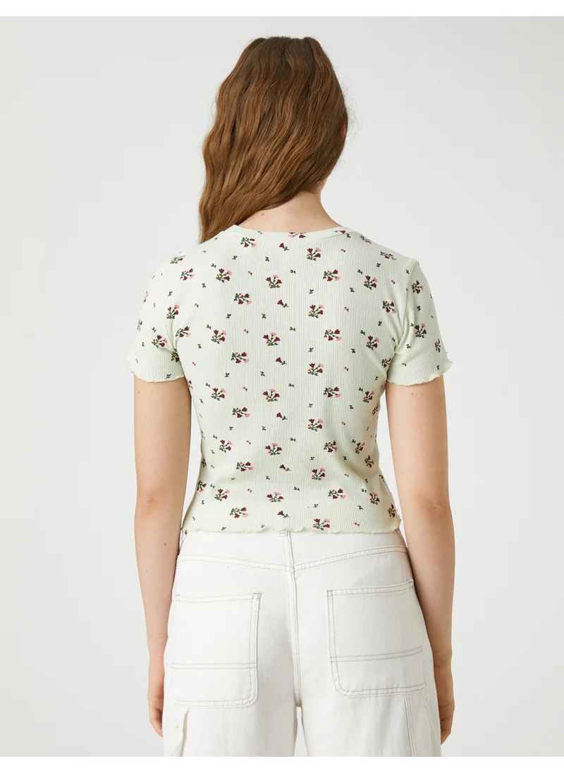 KOTON Crop T-Shirt Short Sleeve Floral Printed Crew Neck