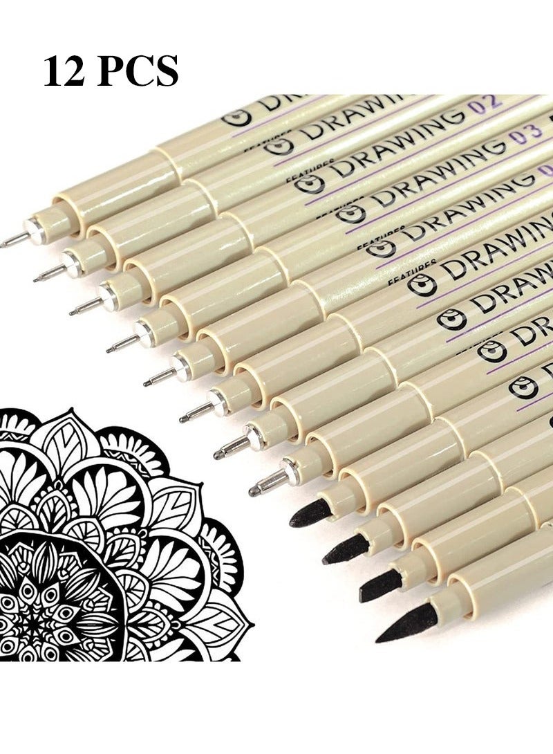 OMEVE 12 Black Drawing Pens, Liquid Fineliner Pens, Art Pens Set, Waterproof Pens, Quick Drying Micro Fine Point Drawing Pens for Artist,Manga Pens,for Sketching,Technical Drawing - Image 1