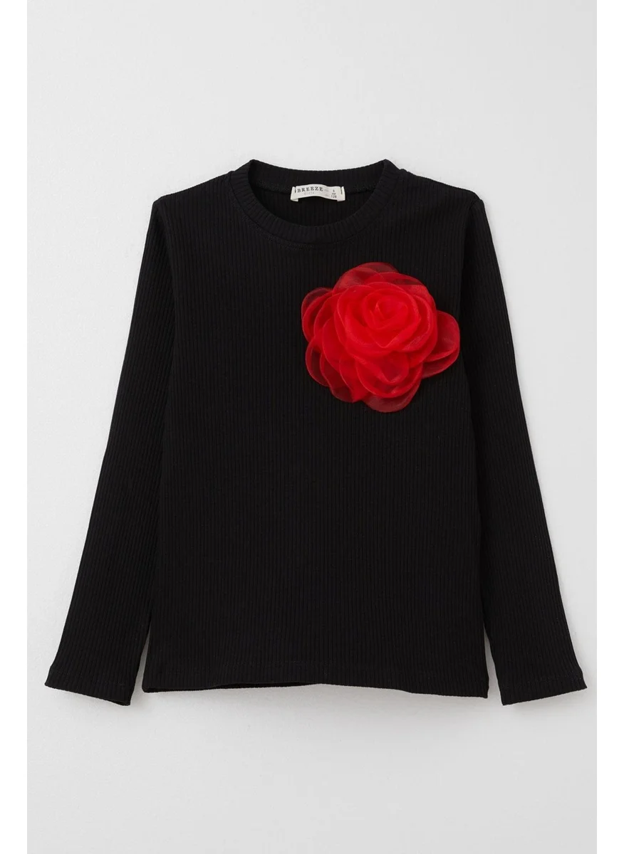 Breeze Girl Long Sleeve T-Shirt with Rose Accessory 8-14 Years, Black
