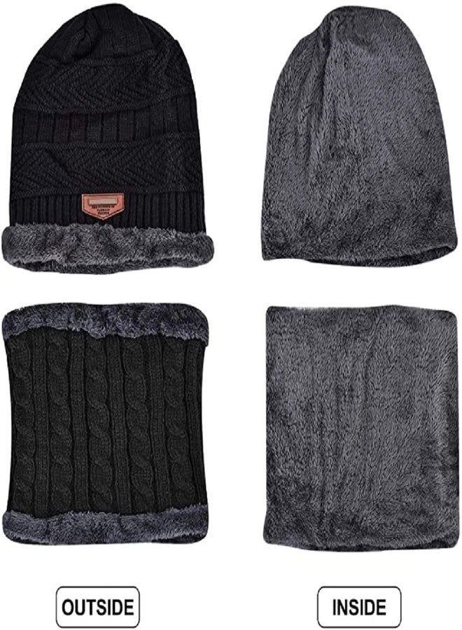 EMPOISON Winter Woollen Beanie Cap Scarf Set, Warm Knit Hats Skull Cap Neck Warmer (Muffler) Combo With Inside Fur | Warm Hat | Hat Scarf Set | Winter Cap | Air Proof Cap | Woolen Cap | Ear Warmer (Black) - Image 5