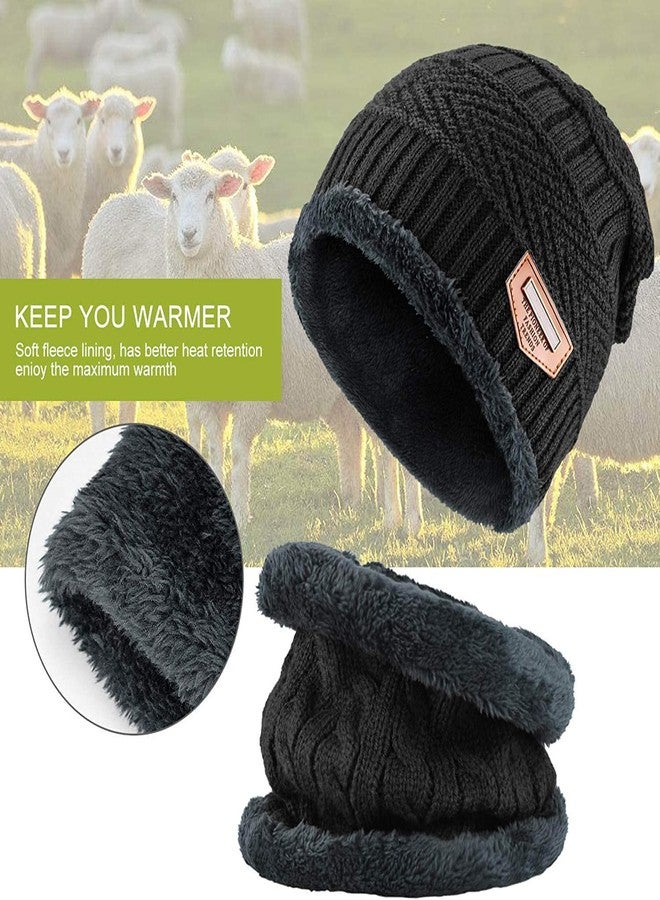 EMPOISON Winter Woollen Beanie Cap Scarf Set, Warm Knit Hats Skull Cap Neck Warmer (Muffler) Combo With Inside Fur | Warm Hat | Hat Scarf Set | Winter Cap | Air Proof Cap | Woolen Cap | Ear Warmer (Black) - Image 2