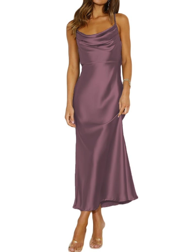 Mogidol Summer Satin Spaghetti Strap Cowl Neck Backless Midi Dresses for Women Elegant Tie Low Back Ruched Cocktail Dress Grape - Image 1