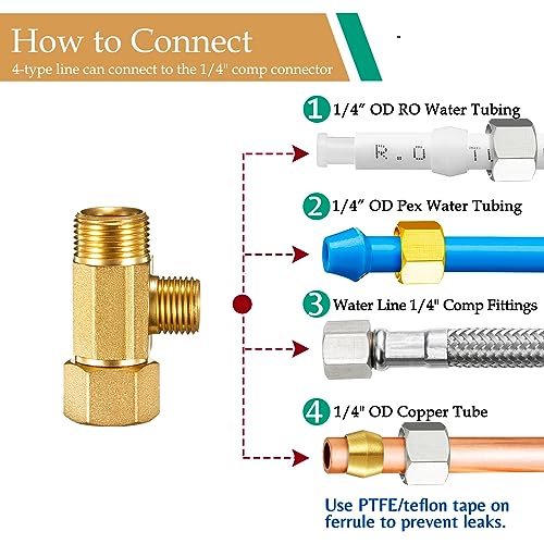 Ondiomn Brass Water Line Adapter Splitter for Refrigerator, Ice Maker Fridge Supply Line Tee Valve with 1/4 Compression Fitting(1/4"-3/8"-3/8", 1 PCS) - Image 3