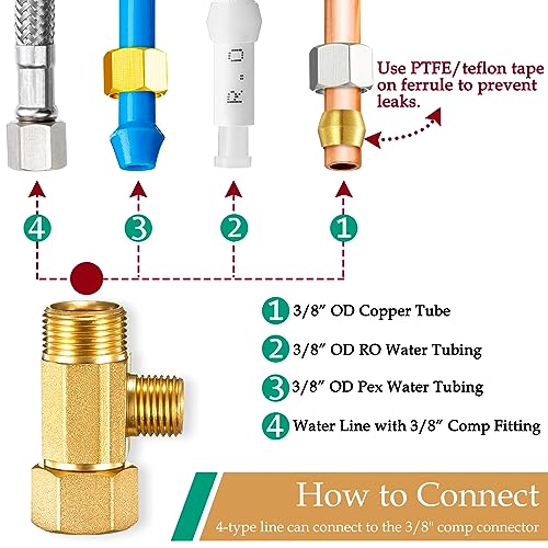 Ondiomn Brass Water Line Adapter Splitter for Refrigerator, Ice Maker Fridge Supply Line Tee Valve with 1/4 Compression Fitting(1/4"-3/8"-3/8", 1 PCS) - Image 4
