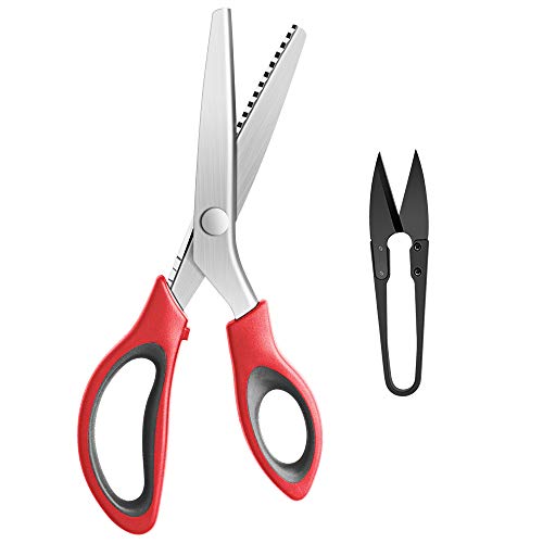 YAZEMKEL Pinking Shears Serrated,Comfort Grips Handled, Professional Dressmaking Sewing Craft Zig Zag Cut Scissors, Suitable for Many Kinds of Fabrics and Paper, 9 Inch Red - Image 1
