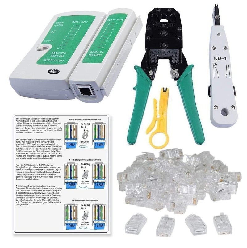 Rj45 Rj11 Crimping Tool, KD-1 Professional Punch Down Tool, Network Lan Cable Tester, Ethernet Color Coding & 25 Pcs RJ45 Connectors Combo Set