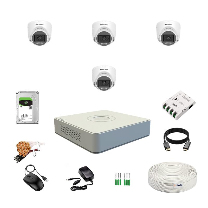Clocite HIKVISION Full HD 4 Channel DVR, 2 MP 4 Dome Cameras [Color Night Vision + Built-in Audio MIC + Smart Dual Light + Motion Detection] + 1 TB HDD + 4 CH SMPS + CCTV Cable + BNC & DC - Image 1