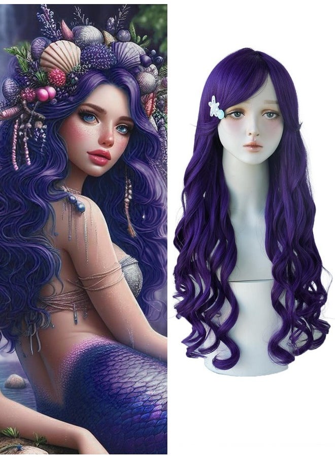 7JHH WIGS - Long Wavy Costume Wigs Cosplay Mermaid Dark Purple Wig For Women Halloween Party Used High Temperature Heat Resistant Fiber Natural Hairline Cos Wig - Image 1
