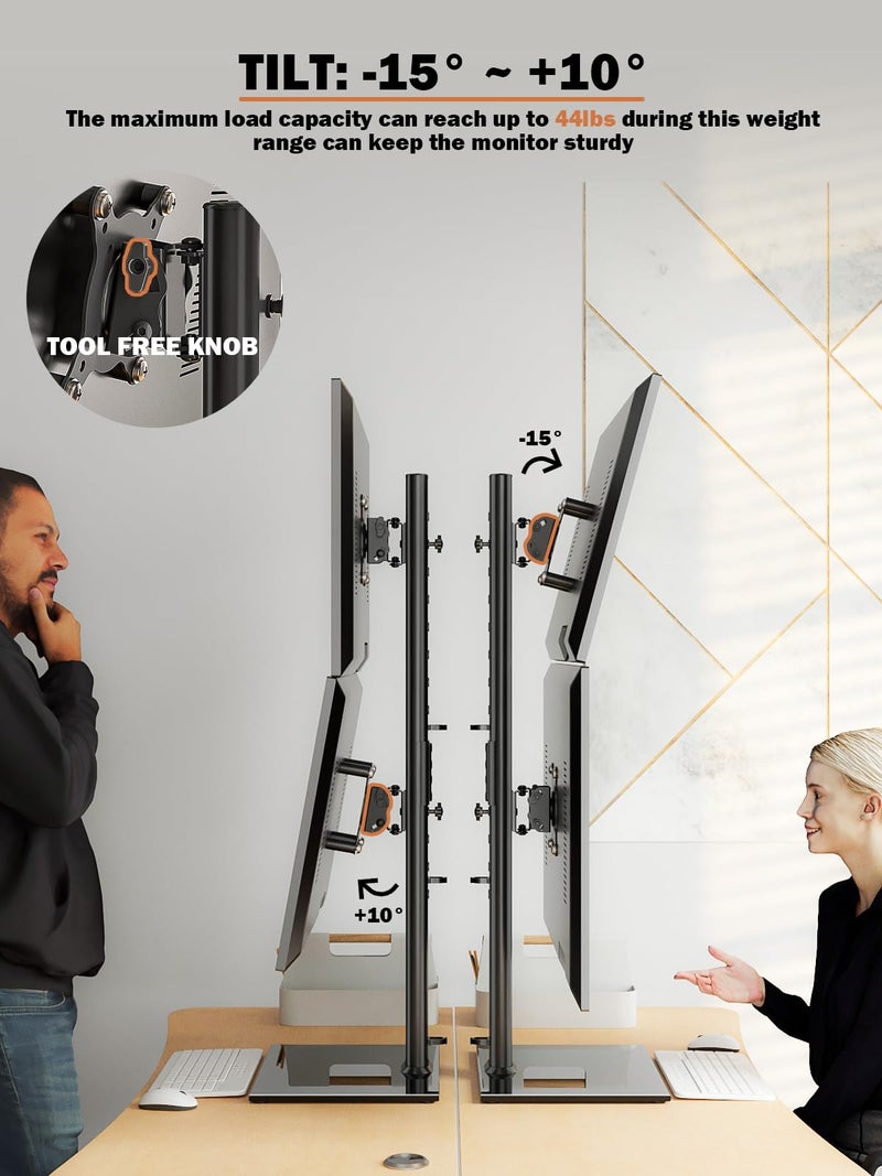 Hemudu Dual Monitor Stand - Vertical Stack Screen Free-Standing Monitor Riser Fits Two 13 to 34 Inch Screen with Swivel, Tilt, Height Adjustable, Holds One (1) Screen Up to 44Lbs - Image 4