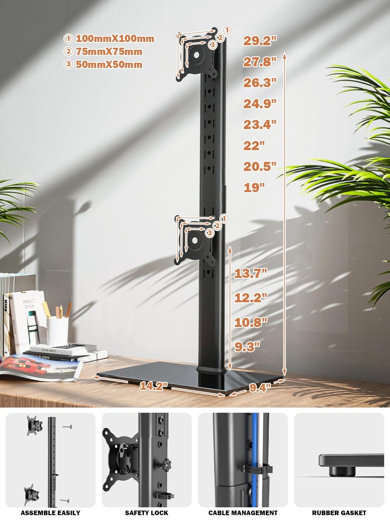 Hemudu Dual Monitor Stand - Vertical Stack Screen Free-Standing Monitor Riser Fits Two 13 to 34 Inch Screen with Swivel, Tilt, Height Adjustable, Holds One (1) Screen Up to 44Lbs - Image 5