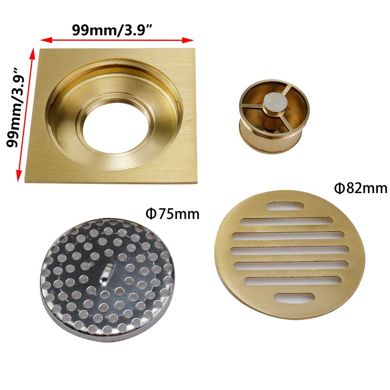 Antrader 3.9-inch Copper Shower Floor Drain with Removable Strainer Cover, Antrader Square Anti-Clogging Bathroom Accessory, Gold - Image 2