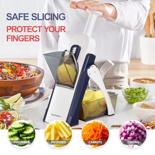 SupMaKin Safe Mandoline Slicer for Kitchen, Potato Slicer, All in 1 Vegetables Slicer and Chopper, French Fry Cutter, Adjustable Thickness, Dishwasher Safe Chopping Artifact Gift (Blue) - Image 2