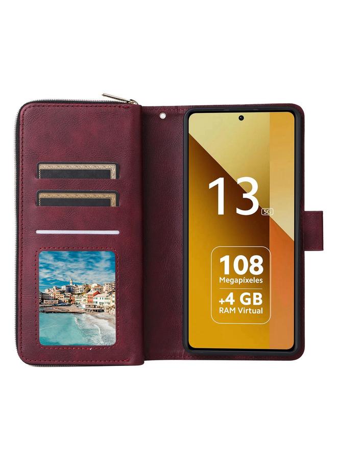 اس-توب جراب لهاتف Redmi Note 13 5G Global مزود بـ 9 فتحات للبطاقات وحقيبة محفظة بسحاب وحافظة هاتف جلدية - Image 4