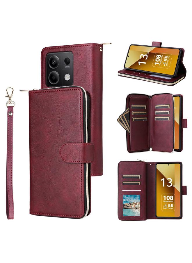 اس-توب جراب لهاتف Redmi Note 13 5G Global مزود بـ 9 فتحات للبطاقات وحقيبة محفظة بسحاب وحافظة هاتف جلدية - Image 1