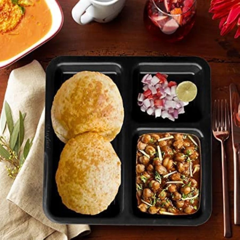 Coolkart 3 Compartment Black Color Plastic Plates Set of 6 Microwave Safe Ideal for Snacks Like Pav Bhaji and Idli Chutney with Sambhar - Image 1
