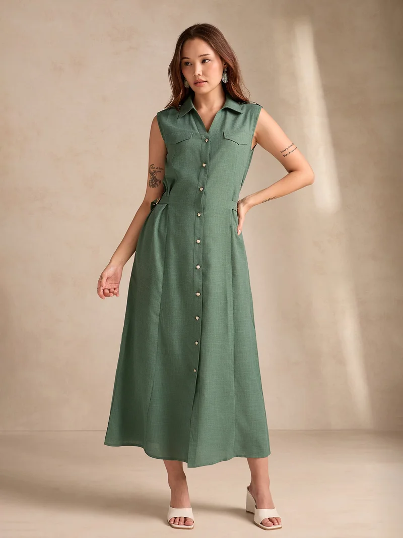 Outzidr  Green Button Down Shirt Dress With Metal Trims Detail for Women | Best Price UAE