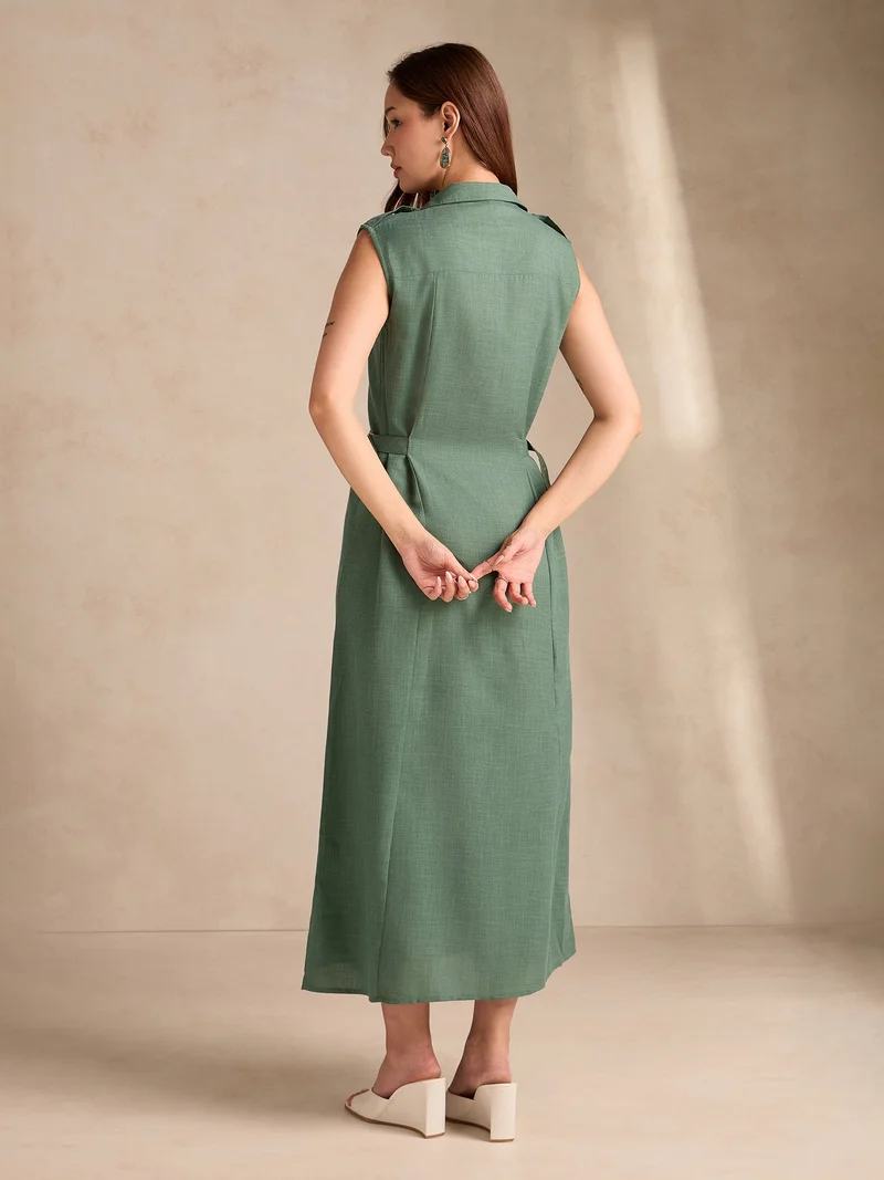 Outzidr  Green Button Down Shirt Dress With Metal Trims Detail for Women | Best Price UAE