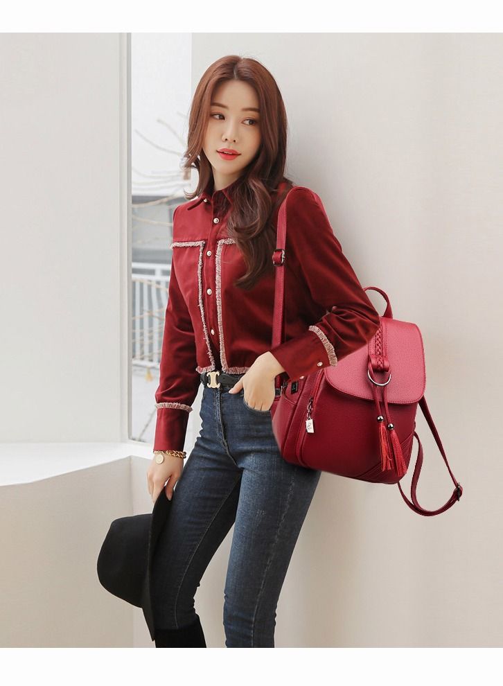 أزياء Tassel ديكور فلاف نسيج حقيبة الظهر الترفيه PU الجلد الكبير حقيبة مدرسية Soild السفر الجديد مزدوجة الكتف حقيبة للنساء كلية بنات الطلاب - Image 4