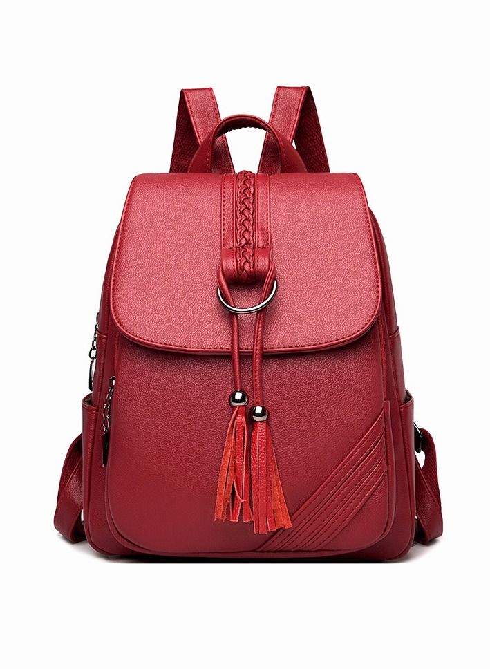 أزياء Tassel ديكور فلاف نسيج حقيبة الظهر الترفيه PU الجلد الكبير حقيبة مدرسية Soild السفر الجديد مزدوجة الكتف حقيبة للنساء كلية بنات الطلاب - Image 1