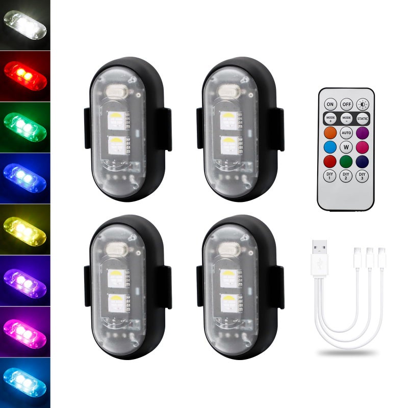 LECART 4 Pcs Magnetic Led Strobe Lights with Remote Control 8 Colors Wireless Led Anti Collision Lights Rechargeable Emergency Strobe Warning Flashing Lights for Cars Motorcycle Bike Drone Scooter