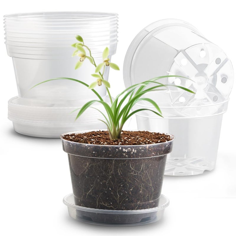RooTrimmer 12 Pack 8 Inch Clear Plant Pots with Saucers, Transparent Plastic Nursery Pots with Drainage Hole, Sturdy Garden Planter Pots, Planting Starter Pots for Indoor Outdoor - Image 1