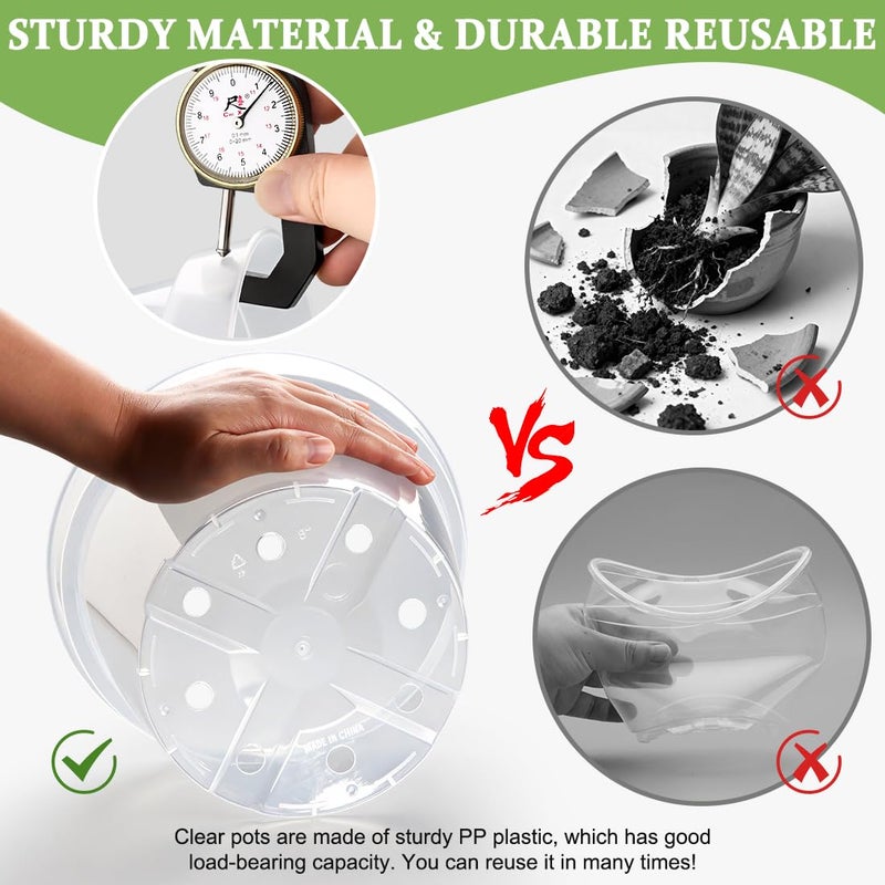RooTrimmer 12 Pack 8 Inch Clear Plant Pots with Saucers, Transparent Plastic Nursery Pots with Drainage Hole, Sturdy Garden Planter Pots, Planting Starter Pots for Indoor Outdoor - Image 4
