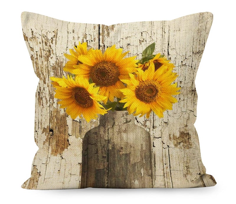 YUESHARE Farmhouse Rustic Summer Fall Flower In Vase Wood Board Linen Throw Pillow Cover Fall Summer Lover Gifts For Home Room Bed Sofa Decorations Decor 18 x 18 Inch