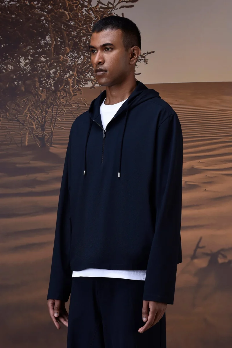 Genes Lecoanet Hemant  Navy Poly Viscose Lycra Half-Zip Hoodie for Men | Best Price UAE