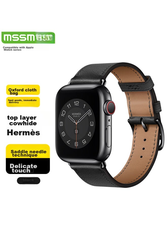 Mssm Suitable For Apple Watch Band, Apple Iwatch Hermes Style Swift Cowhide Genuine Leather Strap, Ultra/s10/9/8/7, Black, 44/45/46/49mm - Image 1