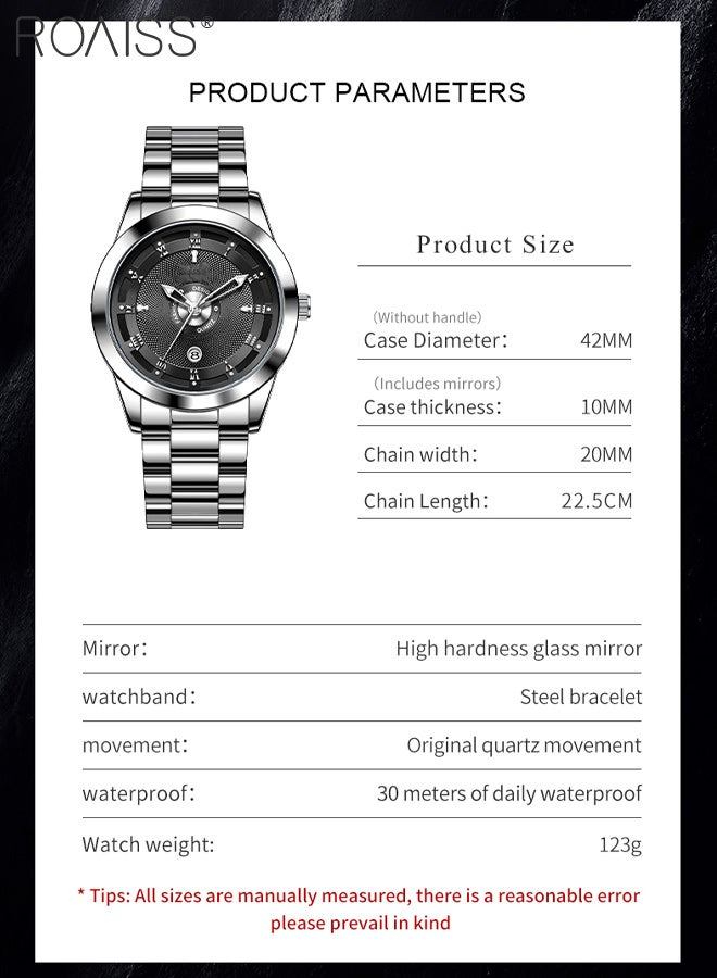 رويس ساعة رجالية كوارتز للأعمال، شاشة تناظرية، قرص دائري أسود، مع نافذة للتقويم، ساعة يد بسيطة مضيئة ومقاومة للماء كهدية للرجال - Image 3