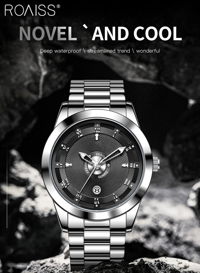 رويس ساعة رجالية كوارتز للأعمال، شاشة تناظرية، قرص دائري أسود، مع نافذة للتقويم، ساعة يد بسيطة مضيئة ومقاومة للماء كهدية للرجال - Image 5