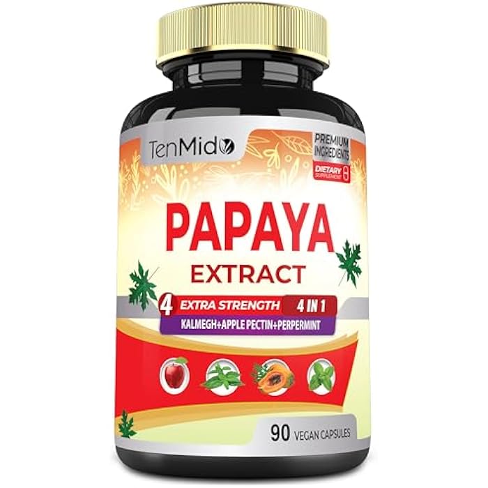 Tenmido Temido Papaya Leaf Extract Supplements Capsules, 3 Months Supply with Kalmegh, Apple Pectin, Peppermint - Improved Digestion Function - 90 Vegan Capsules - Image 1