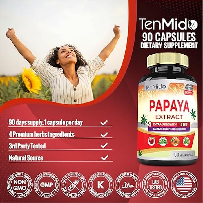 Tenmido Temido Papaya Leaf Extract Supplements Capsules, 3 Months Supply with Kalmegh, Apple Pectin, Peppermint - Improved Digestion Function - 90 Vegan Capsules - Image 5