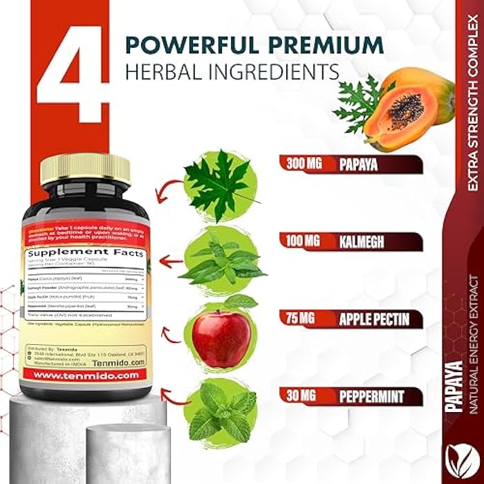 Tenmido Temido Papaya Leaf Extract Supplements Capsules, 3 Months Supply with Kalmegh, Apple Pectin, Peppermint - Improved Digestion Function - 90 Vegan Capsules - Image 3