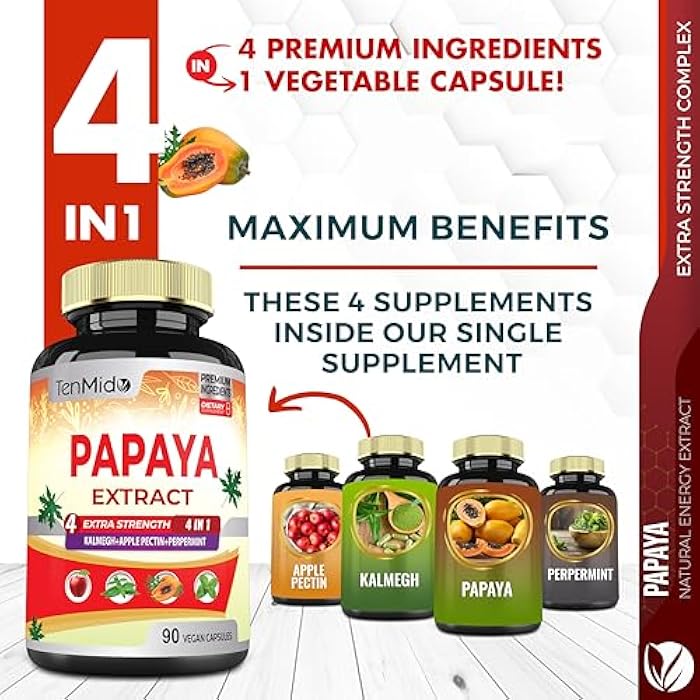 Tenmido Temido Papaya Leaf Extract Supplements Capsules, 3 Months Supply with Kalmegh, Apple Pectin, Peppermint - Improved Digestion Function - 90 Vegan Capsules - Image 2