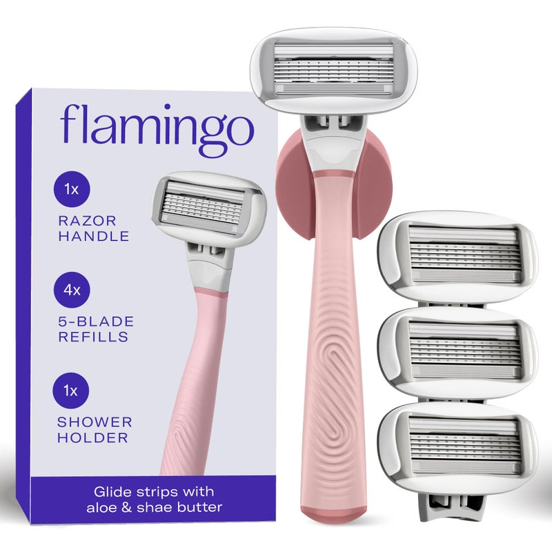 Flamingo Shaving Razor Set for Women - Original Razor Handle, 4 Blade Refills, and Shower Holder - Rose - Image 1