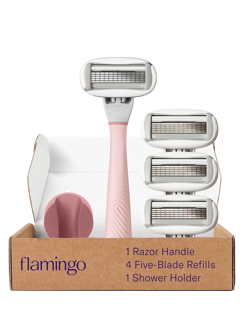 Flamingo Razors for Women, 1 Women's Razor Handle Rose), 4 Razor Five-Blade Refills, and 1 Shower Holder - Image 1