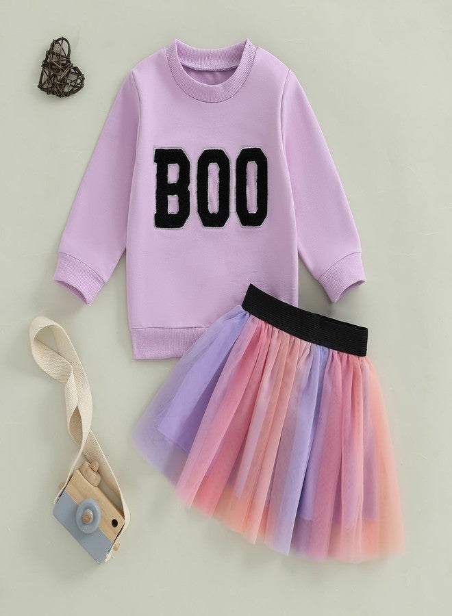 Karuedoo Toddler Baby Girl Halloween Outfit Boo Embroidery Crewneck Sweatshirt Tulle Tutu Skirt Set Cute Kids Fall Clothes (B-Purple, 4-5T) - Image 5