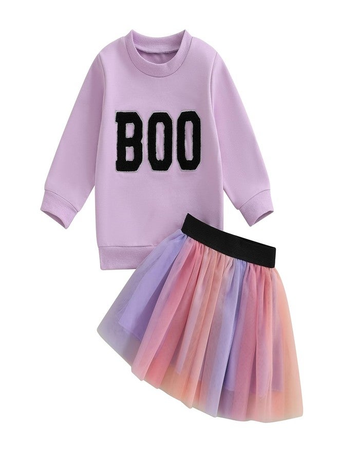 Karuedoo Toddler Baby Girl Halloween Outfit Boo Embroidery Crewneck Sweatshirt Tulle Tutu Skirt Set Cute Kids Fall Clothes (B-Purple, 4-5T) - Image 1