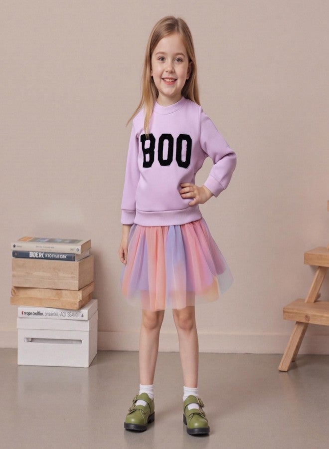Karuedoo Toddler Baby Girl Halloween Outfit Boo Embroidery Crewneck Sweatshirt Tulle Tutu Skirt Set Cute Kids Fall Clothes (B-Purple, 4-5T) - Image 4