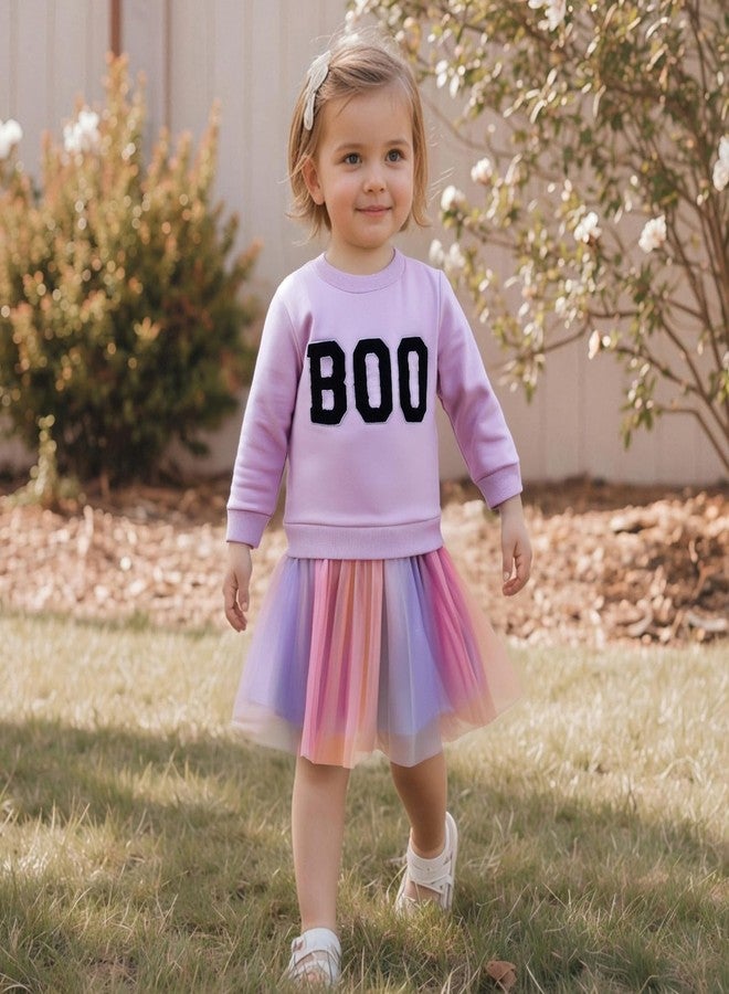 Karuedoo Toddler Baby Girl Halloween Outfit Boo Embroidery Crewneck Sweatshirt Tulle Tutu Skirt Set Cute Kids Fall Clothes (B-Purple, 4-5T) - Image 3
