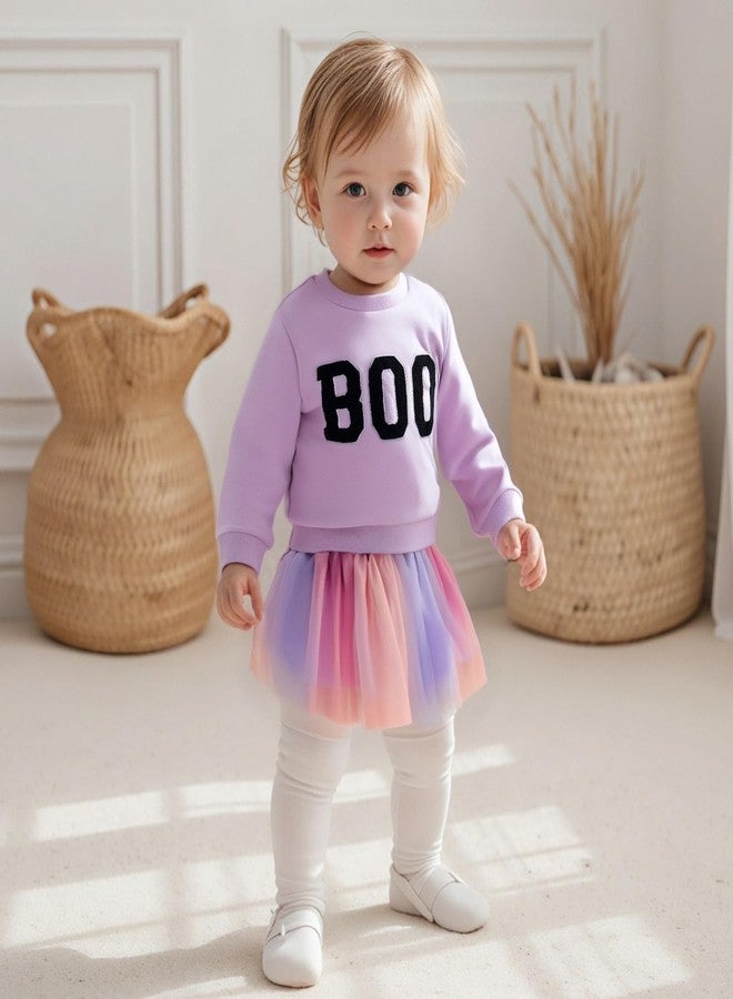 Karuedoo Toddler Baby Girl Halloween Outfit Boo Embroidery Crewneck Sweatshirt Tulle Tutu Skirt Set Cute Kids Fall Clothes (B-Purple, 4-5T) - Image 2